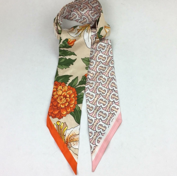 Floral & TB Monogram Print Skinny Silk Scarf